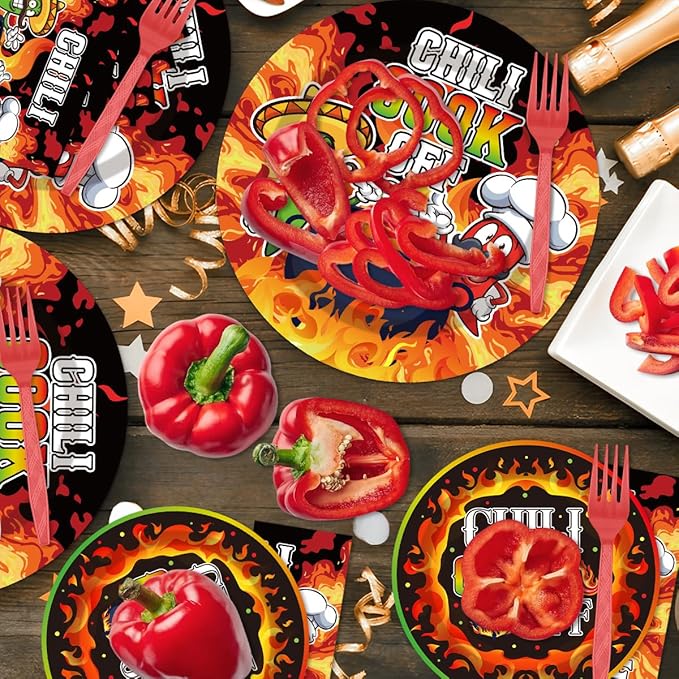 96Pcs Chili Cook Off Decorations Disposable Tableware Set - Chill Cook Off Paper Plates Napkins Forks Chili Contest Tasting Competition Party Supplies Serve 24 Guests