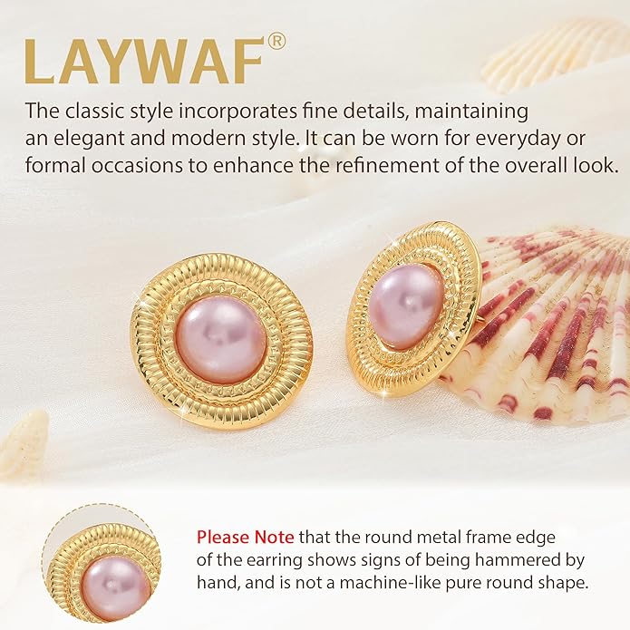 Faux Pearl Gold Plated Stud Earrings for Women, Hypoallergenic Stainless Steel Ear Pin, Available in a Variety of Pearl Colors