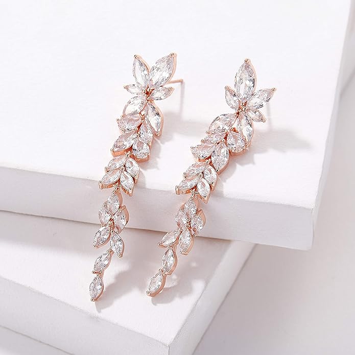 SWEETV Marquise Cubic Zirconia Wedding Earrings for Women Brides, Crystal Chandelier Bridal Drop Earrings for Prom Pageant