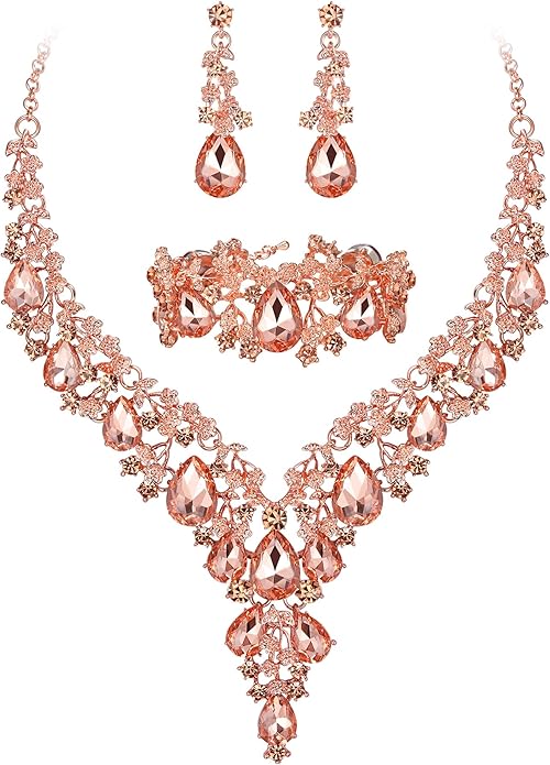 BriLove Women's Wedding Bridal Austrian Crystal Teardrop Flower Cluster Statement Necklace Dangle Earrings Jewelry Set for Party Prom