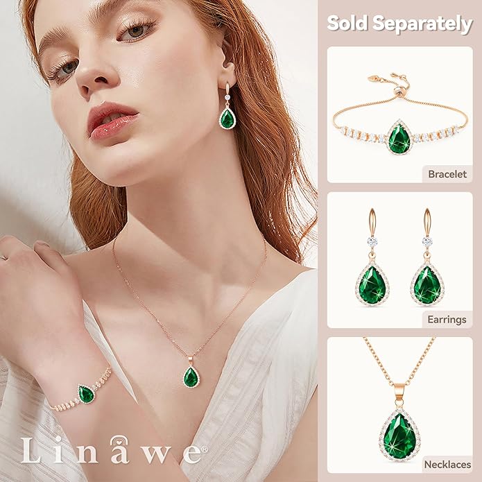 Linawe Crystal Imitation Diamond Rhinestone Charm Bracelets for Women, Gold/Silver/Rose Gold Adjustable Chain Bracelet, Teardrop Birthstone Cubic Zirconia Prom Costume Wedding Jewelry