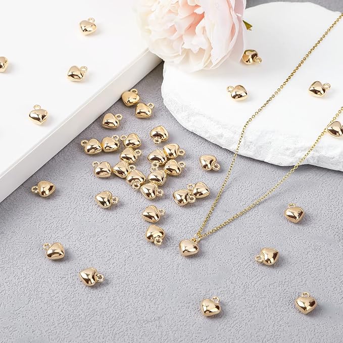 MARFOREVER 40 Pcs 18K Gold Heart Charms for Jewelry Making, Valentines Charms 3D Love Heart Shape Dangle Pendants for Mother's Day Valentine's Gifts Bracelet Necklace Earrings Making DIY Crafts