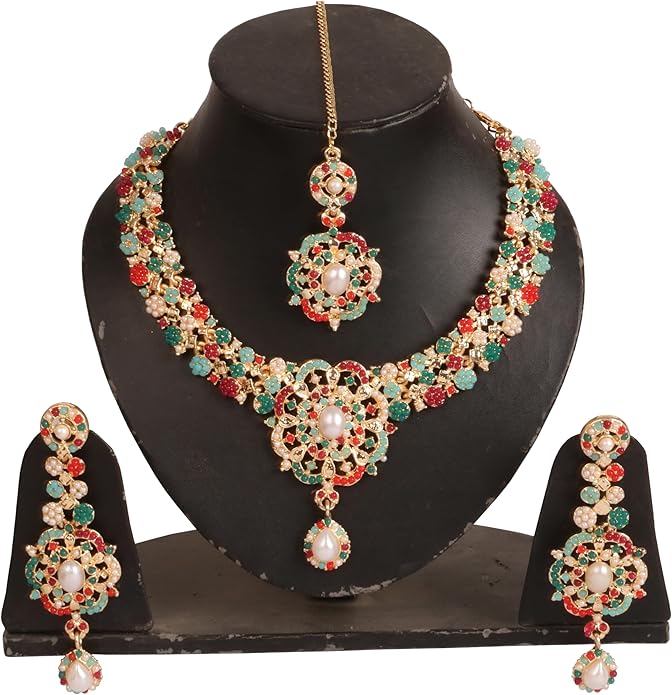 Touchstone Indian jewelry sets for women gold wedding tikka necklace set guest costume fancy bridal jewellery rhinestone crystal elegant formal prom evening wear dainty accessories