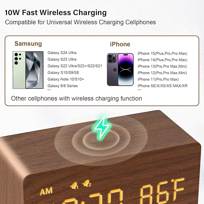 MOSITO Digital Wooden Alarm Clock with Wireless Charging, 0-100% Dimmer, Dual Alarm, Weekday/Weekend Mode, Snooze, Wood LED Clocks for Bedroom, Bedside, Desk, Kids (Brown)