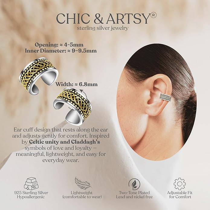 CHIC & ARTSY 925 Sterling Silver Ear Cuffs for Women, Non Piercing Clip On Cartilage Cuffs, Adjustable Fake Conch & Helix Earrings, Gold Plated & Oxidized Various Styles
