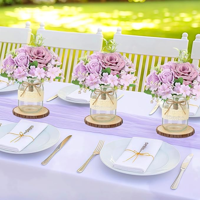 Set 6 Mason Jar Table Centerpiece - Wedding Centerpieces for Tables, Mason Jar Flower Centerpiece Vases Decor- Boho Farmhouse Rustic for Engagement, Bridal Shower, Wedding, Versatile Decor (Purple)