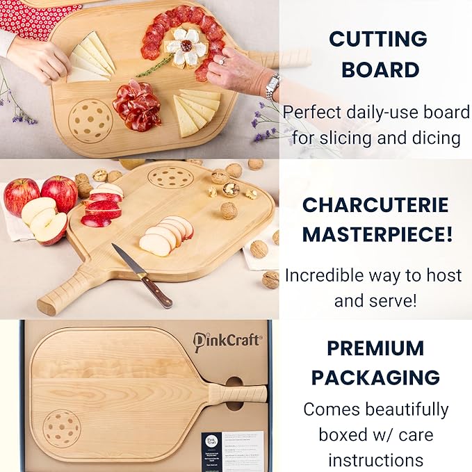 Pickleball Charcuterie & Cutting Board, Pickleball Gift, Party Size - 22.5 x 5.5 x 0.75”, Birch Wood, Paddle Shape with Handle, Mineral Oil Finish