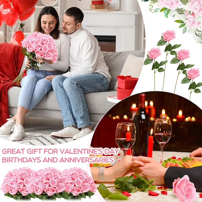 Hotop 80 Pcs Rose Artificial Flowers Bulk with Long Stem, Silk Roses Realistic Fake Flowers Bouquet for Wedding Table Centerpieces Bridal Shower Party Home Decorations(Pink)