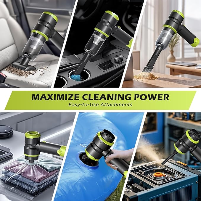 Handheld Car Vacuum with 15000PA Power, 4 in 1 Small Powerful Cordless Vacuum Cleaner & Air Duster with 2000mAh Battery, Rechargeable Portable Mini Hand Held Vacuum for Car,Home,Office,Pet Hair（Green）
