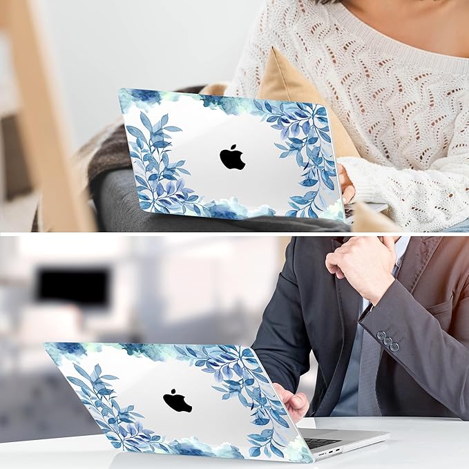 TWOLSKOO Compatible with M4 MacBook Air 15 inch Case 2025-2023 Released Model M4 A3241 M3 A3114 M2 A2941, Plastic Hard Shell & Screen Protector & Keyboard Cover & Trackpad Film, Blue Floral