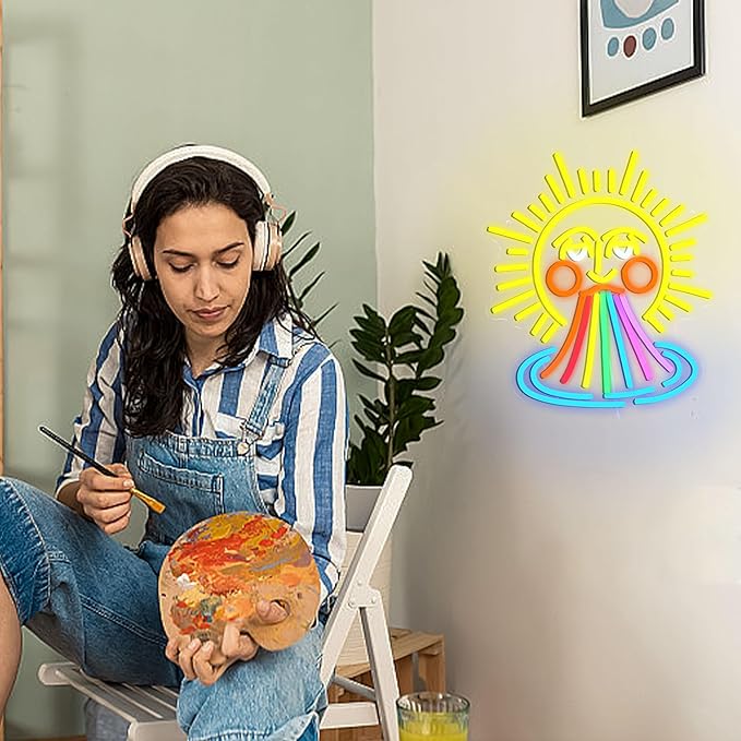 Sun Rainbow Neon Sign for Wall Decor Sun Neon Light Sunrise Light Up Sign Rainbow Led Neon Light for Bedroom Gallery Pub Party Club (14.56 * 12.59 In)