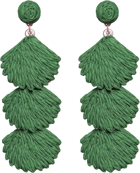 Raffia Dangle Earrings for Women - Boho Statement Rattan Drop Jewelry with Shell Design, Lightweight Summer Beach Trendy Accessories