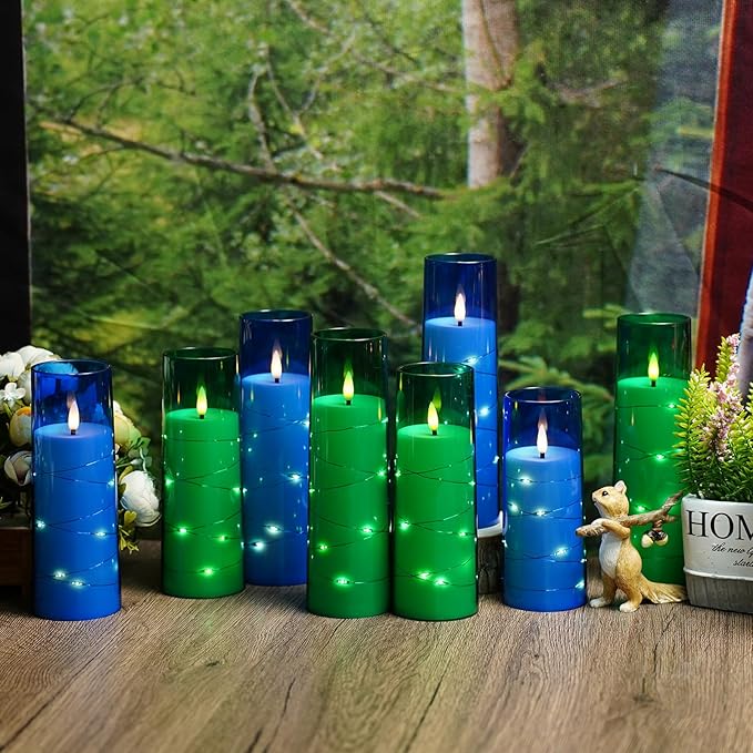Flameless Candles with Embedded Star String, Battery Operated LED Pillar Candles with Timer and Remote Control,Home Decorating for Ambiance， Set of 7 (Green)