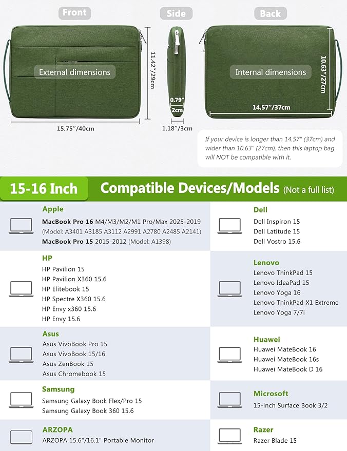 HYZUO 15-16 Inch Laptop Sleeve Bag for MacBook Pro 16 M4/M3/M2/M1 2025-2019, 15" Surface Book, Portable NoteBook Case for 15" 15.6" HP Dell Lenovo ThinkBook Asus Acer Samsung HUAWEI, Grass Green