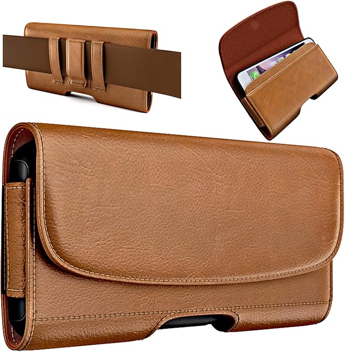 PiTau Holster for Samsung Galaxy Ultra S25 S24 S23 S22 S21 S20 A73 A54 A53, Phone Belt Clip Holder Case for Google Pixel Pro XL 9 8 7 6 4 3, Men's Big Cellphone ID Card Carrying Pouch, Brown X-Large
