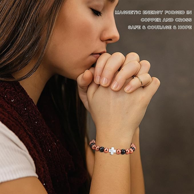 Copper Bracelets for Women, Cross Charm Magnetic Bracelets for Women Copper Jewelry Pulsera de Cobre Para lujer Christian Jewelry with 3500 Gauss Magnetic Bead Valentines Day Gifts for Her