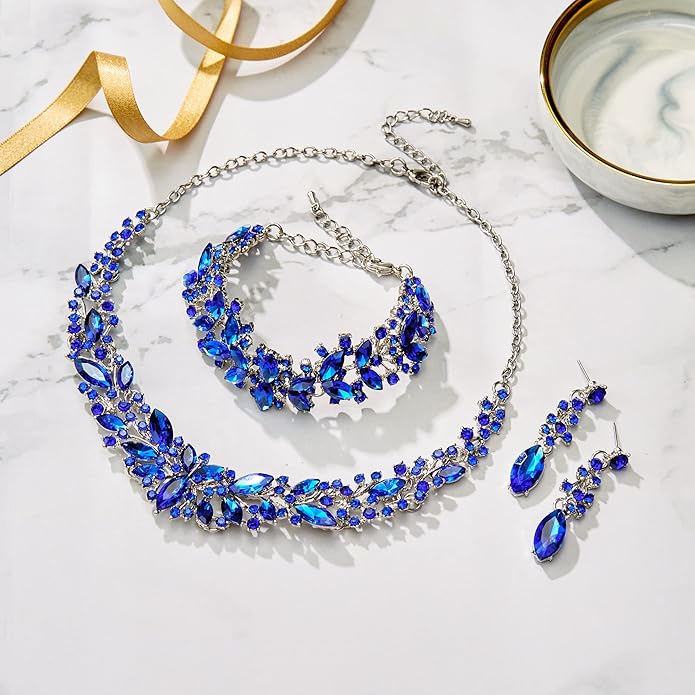 BriLove Women's Wedding Bridal Austrian Crystal Marquise Cluster Collar Necklace Dangle Earrings Set