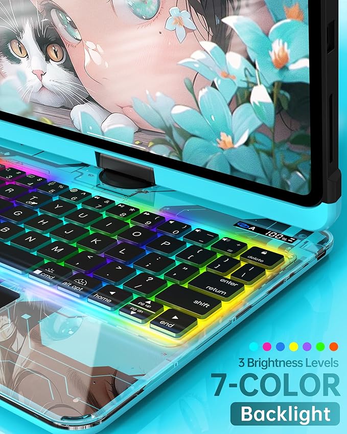 Intermerge Clear Keyboard Case for iPad Pro 13" (M4) 2024 Only, 360° Swivel Multi-Touch Trackpad, 7-Color RGB Backlit, Pencil Holder, Type-C, Power Indicator, Aqua Pulse