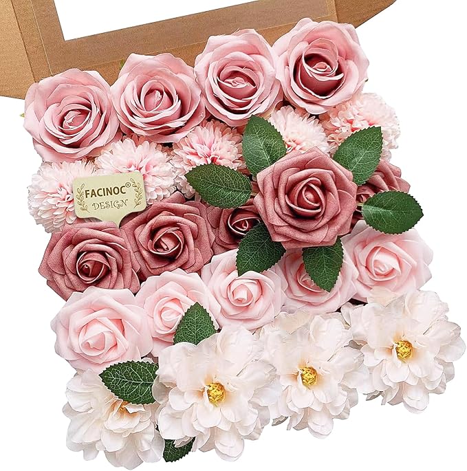 Roses Artificial Flowers Dusty Pink Bouquet Box Set Fake Flower for DIY Bridal Wedding Shower Decorations Faux Silk Floral Arrangements for Party Table Centerpieces Home Decor Indoor Blush