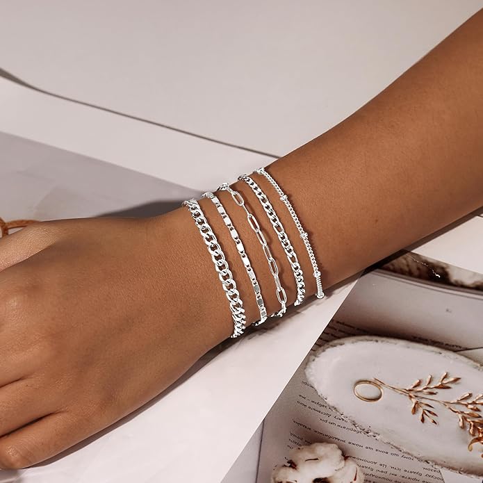 Gold Bracelets Set for Women Non Tarnish Trendy,14K Gold Plated Dainty Stackable Paperclip Cuban Link Chain Bracelets, Simple Cute Cuff Bracelets Jewelry Set Adjustable 7"+2"