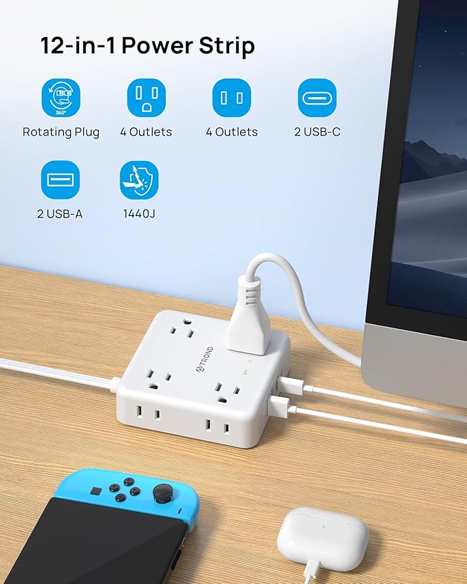 TROND 360° Rotating Flat Plug Power Strip, 10FT Flat Extension Cord with Multiple Outlets 4 USB (2 USB C), Wall Mount Surge Protector 1440 Joules for Home Office Travel Dorm Room Essentials, White