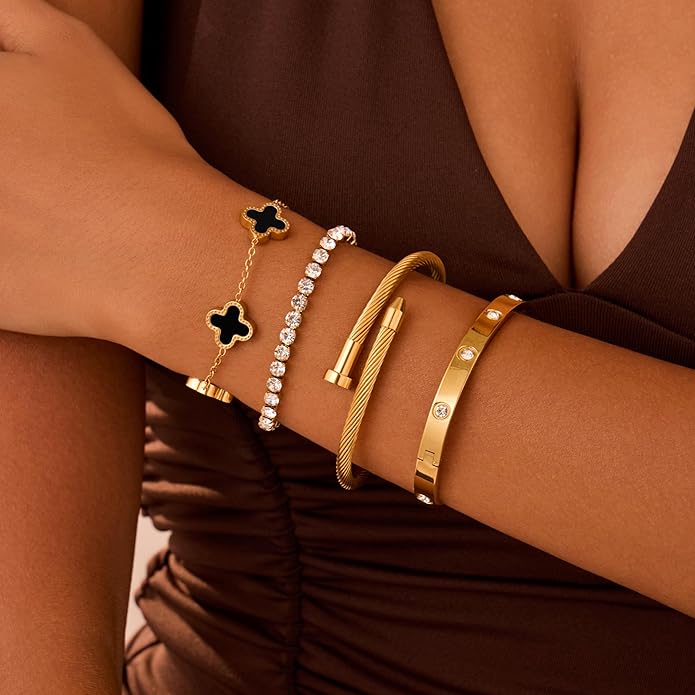 18K Gold Plated Bangle Bracelets Stack for Women,Four Leaf Clover Stackable Bracelets Non Tarnish,4 Pcs Jewelry sets Gifts