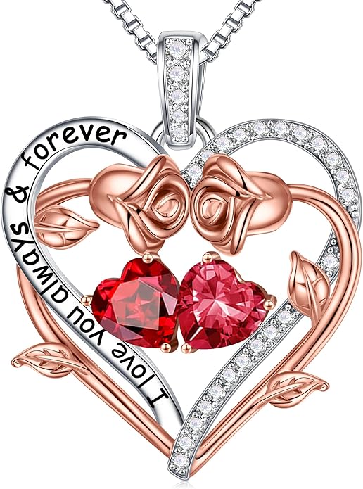 Iefil Valentines Gifts for Her Wife Women - Rose Heart Double Birthstone Necklace Gift for Wife Girlfriend Her Women, Birthstone Jewelry Gemstone Birthday Gifts for Mom Grandma Her