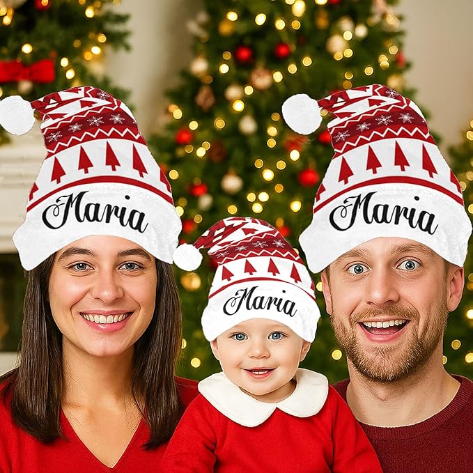Personalized Funny Christmas Hat for Adults Kids Family, Red Patterned Custom Name Santa Hat, Xmas New Year Holiday Party Gift Festive Supplies Decorations