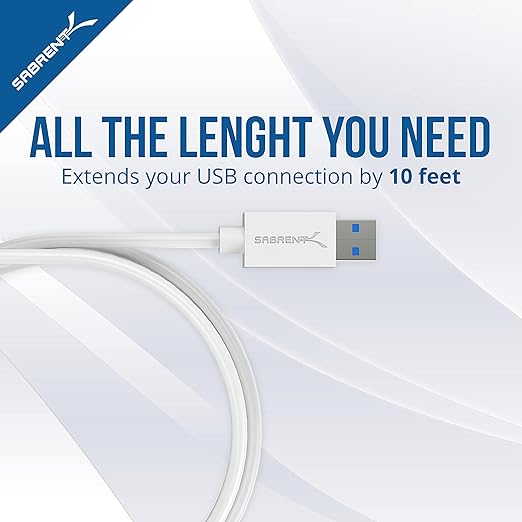 SABRENT 22AWG USB 3.0 Extension Cable - A-Male to A-Female [White] 10 Feet (CB-301W)