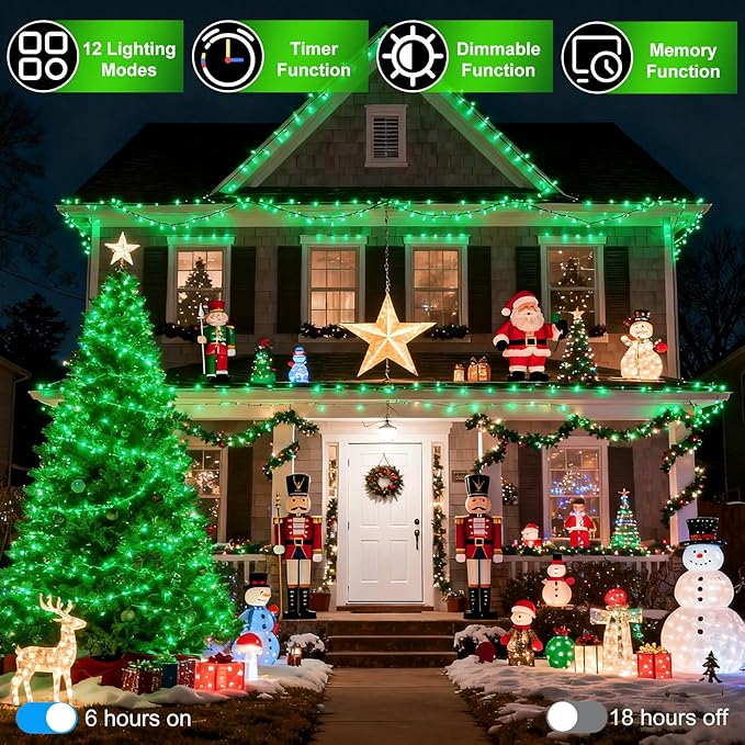 750 LED 256ft Outdoor Christmas Lights, Super Long String Lights 8 Modes Timer Memory, Outsite Waterproof Dark Green Wire Fairy Light Strings for Xmas Tree Wedding Holiday Party Decorations Green