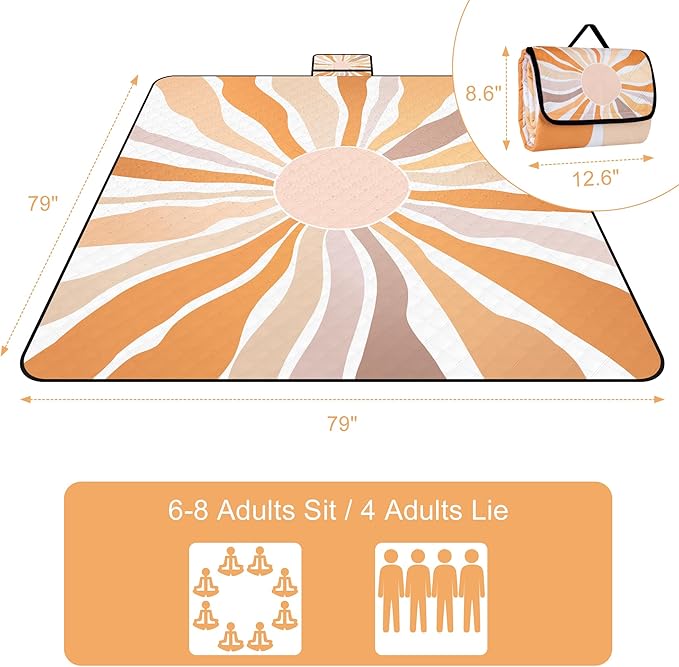 Picnic Blankets, Large Beach Blanket Waterproof Sandproof, Foldable & Portable Outdoor Picnic Blanket, 79''x79'' 3-Layer Picnic Mat for Camping, Park, Travel, Grass Lawn-Boho Sunburst