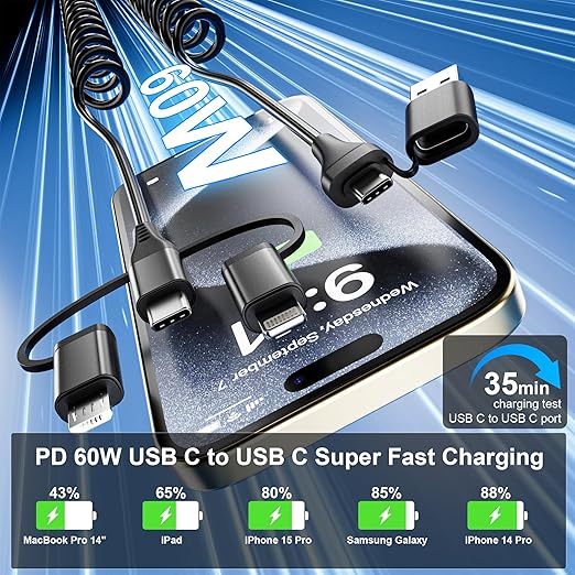 Coiled Multi Charging Cable - USB C Lightning Micro USB Cable 5 in 1 for Apple Carplay & Android Auto [MFi & PD60W & Data Sync] Coiled USB C Cable for iPhone 17 16 15 14 13 12 X Android Samsung Laptop