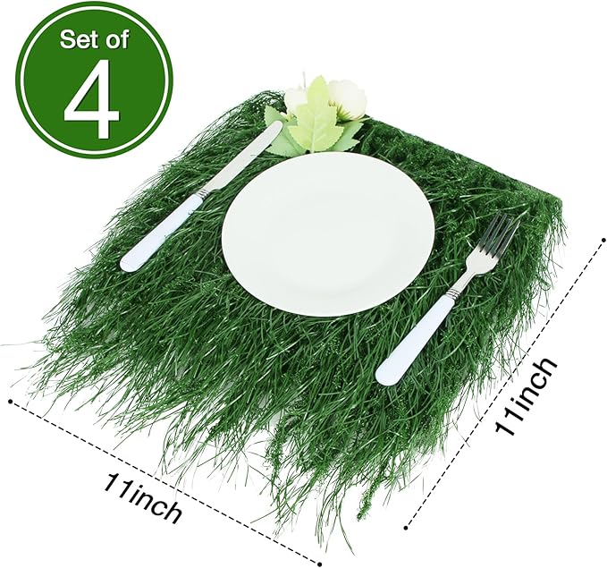 XLX TURF Faux Thatch Grass Placemats 4 Pack, 11"x11" Green Golf Themed Party Table Centerpiece Decor , Wild One Birthday, Indoor Outdoor Use