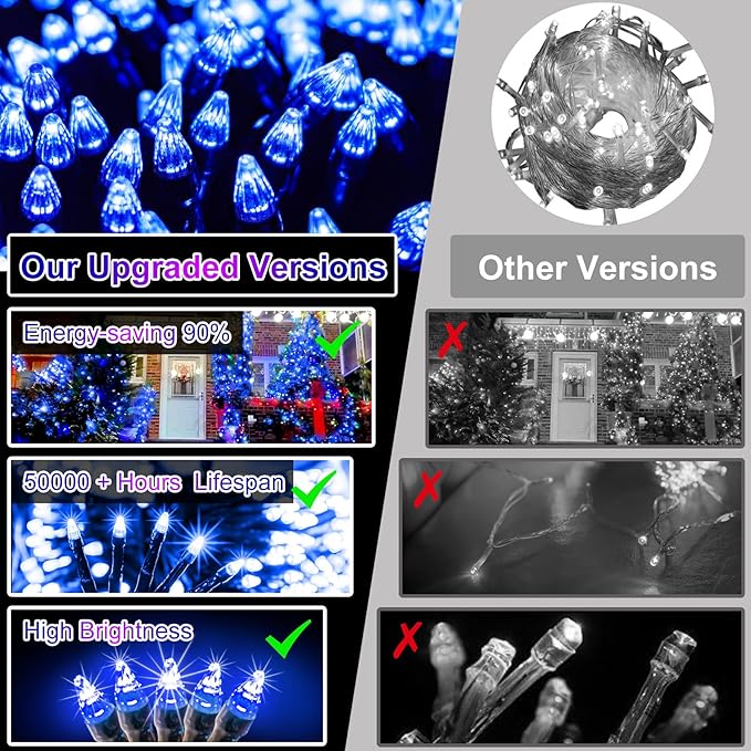 750 LED 256ft Outdoor Christmas Lights, Super Long String Lights 8 Modes Timer Memory, Outsite Waterproof Dark Green Wire Fairy Light Strings for Xmas Tree Wedding Holiday Party Decorations Blue