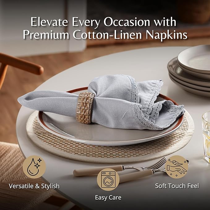 Ramanta Home Linen Flax Cloth Napkins Set of 12| 18x18 Inch | Premium Cotton Linen Flax Lace Soft & Durable | Washable Ideal for Everyday Use Parties Thanksgiving Christmas Halloween Grey