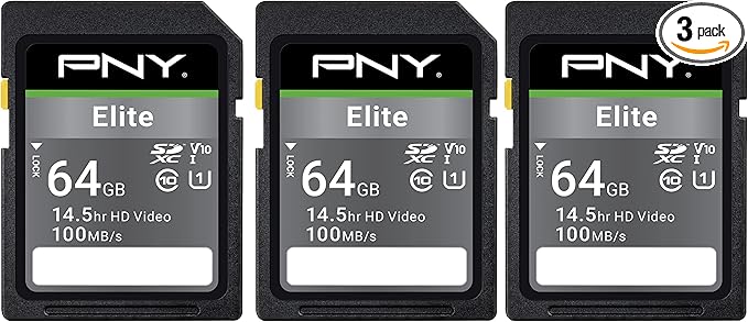 PNY 64GB Elite Class 10 U1 V10 SDXC Flash Memory Card - 100MB/s Read, Class 10, U1, V10, Full HD, UHS-I, Full Size SD (P-SD64GX3U1100EL-MP) (Pack of 3)
