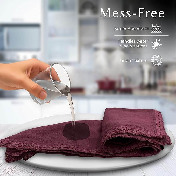 Ramanta Home Linen Flax Cloth Napkins Set of 24 | 18x18 Inch | Premium Cotton Linen Flax Lace Soft & Durable | Washable Ideal for Everyday Use Parties Thanksgiving Christmas Halloween Burgundy
