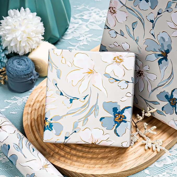 MIMUTI Blue and White Floral Wrapping Paper - 17 in x 33 ft - Gift Wrap with Watercolor Flowers, Branches and Leaves - Perfect for Wedding, Bridal Shower, Mother's Day, Valentine's Day