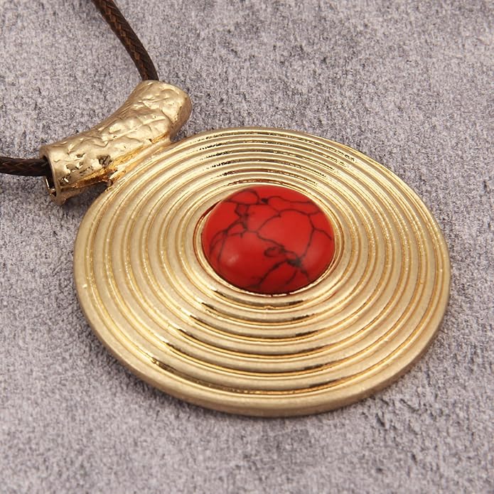 Boho Leather Necklace Women Bohemian Brown Circle Pendant Necklace Choker Long Necklaces for Women Boho Ring Large Pendant