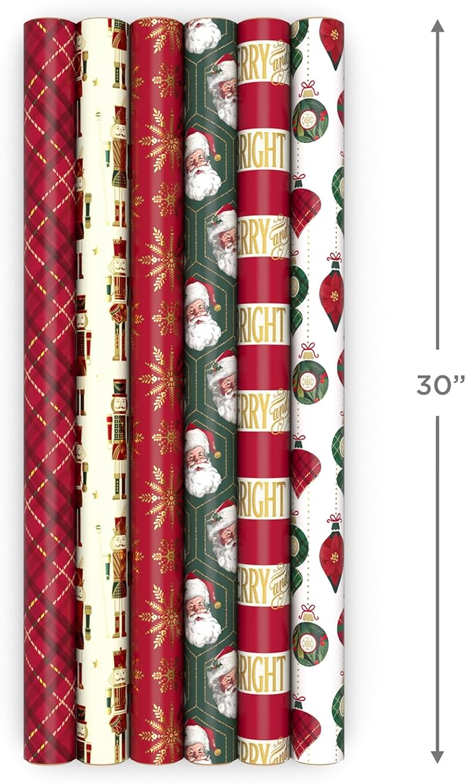 Hallmark Christmas Wrapping Paper Rolls with Cutlines on Reverse (6 Rolls: 150 Sq. Ft. Total) Santa Claus, Nutcrackers, Plaid, Snowflakes, Ornaments