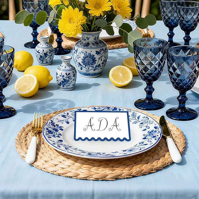 150 PCS Blue Scalloped Place Cards 2 x 3.5 Inch Blank Tented Place Card Name Cardstock Seat Assignment Label Card Reserved Table Signs Seating Signs for Birthday Party Wedding Setting