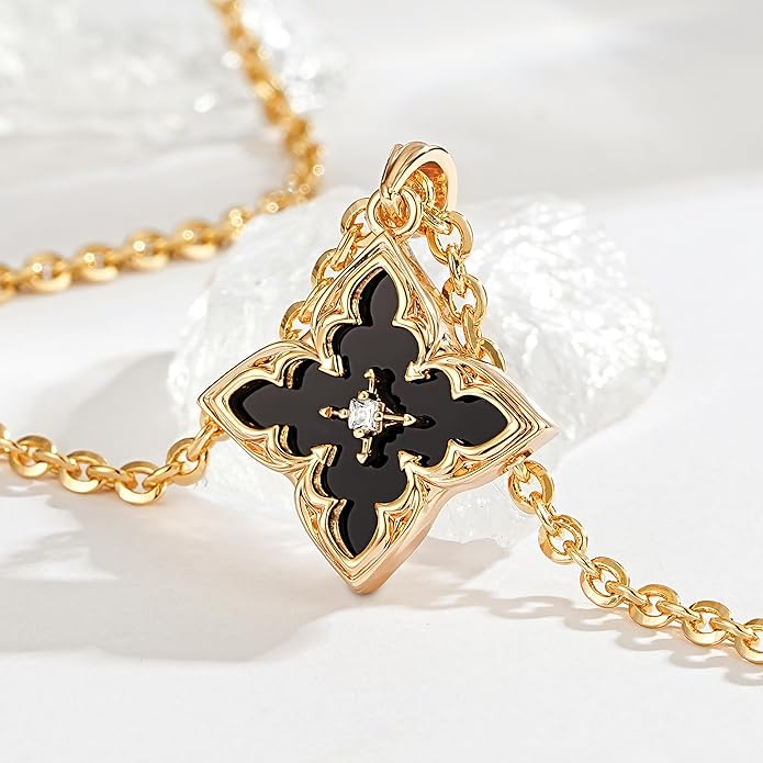 Fettero Gold Clover Necklace for Women Dainty 14K Gold Plated CZ Pendant Necklace Adjustable Chain Choker Charm Colorful Clover Pendant Lucky Necklaces for Women Jewelry