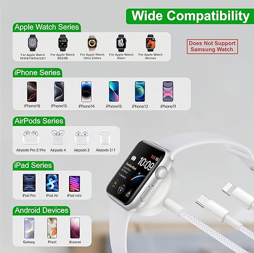 Upgraded 3 in 2 USB C Cable for Apple Watch Charger (4FT/1.2M) Travel USBC Multi Fast Charging Cord Compatible with iWatch Ultra 2/SE 2/10/9/8/7-1, iPhone 16 Pro Max Plus/15/14/13/12/11, iPad, AirPods