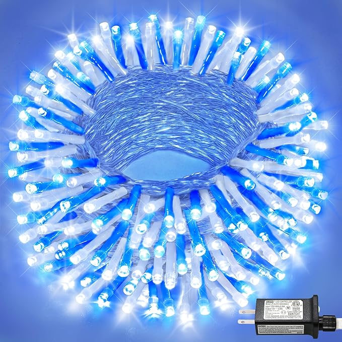 66FT 200 LED Christmas Lights Outdoor, Plug in Christmas String Lights Waterproof with 8 Modes, Connectable Clear Wire Fairy Light for House Tree Xmas Party Decor, Blue White