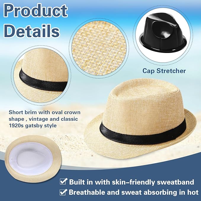 Suhine 36 Pcs Halloween Men Fedora Style Hat Bulk 20s Straw Short Brim Panama Women Party Costume, Circumference 60 cm