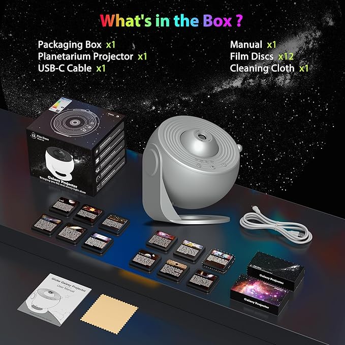 Galaxy Projector for Bedroom, HD Image Star Projector Galaxy Light Adjustable Knob, 13 Film Discs Planetarium Projector for Kids, 360° Rotating 1/2h Timer Simple 3-Button Control