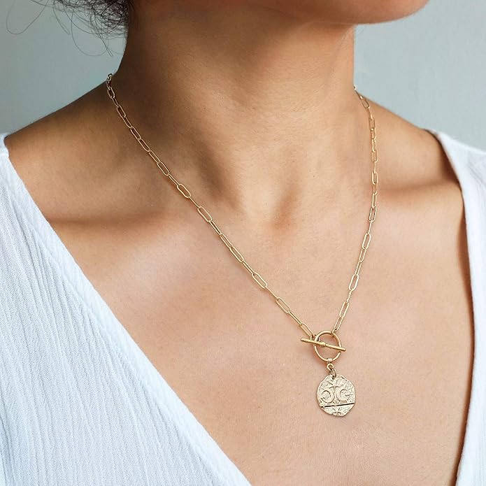 Aobei Pearl 18K Gold Plated Moon Star Lion Evil Eye Love Heart Cross Pendant Necklace Medallion Paperclip Chian Choker Layering Jewery for Women