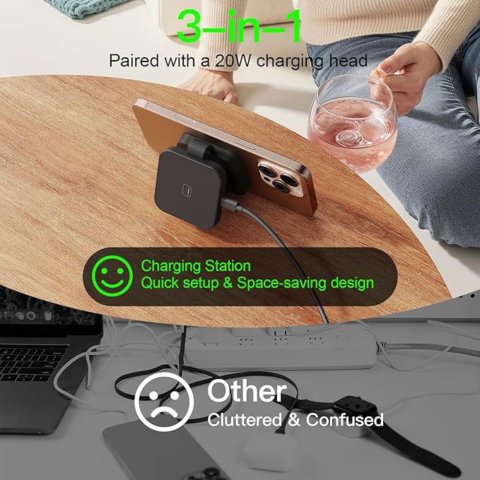 2025 for iPhone 16 Pro Max 3 in 1 Foldable Wireless Charging Station for MagSafe Magnetic Charger, Travel Stand 20W Charge Multiple Devices for iPhone 16/15/14/12/11/X-Apple iWatch Ultra/SE AirPods