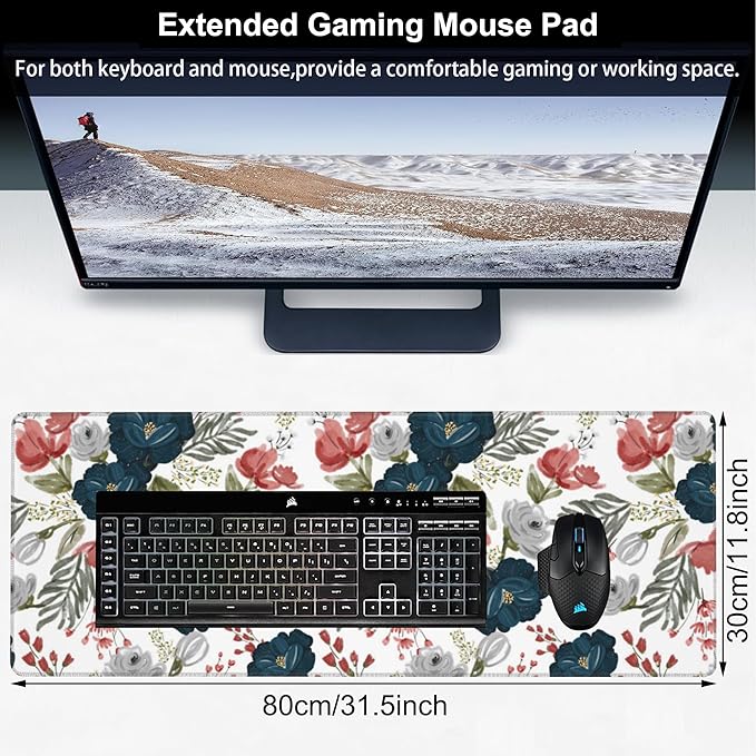Watercolor Flowers Desk Mat,Large Colorful Floral Gaming Keyboard Mouse Pad,Non-Slip Rubber Base Desk Pad Thick Stitched Edges Waterproof Mousepad Mouse Mat 31.5"x11.8"