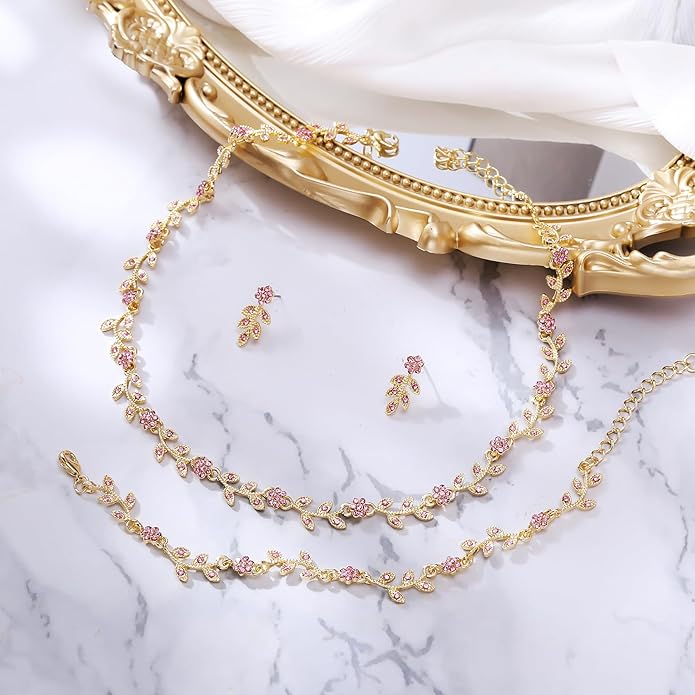 BriLove Wedding Jewelry Set for Women Bride, Gorgeous Stunning Crystal Flower Leaf Cluster Choker Necklace Link Bracelet Stud Earrings Bridal Bridesmaid